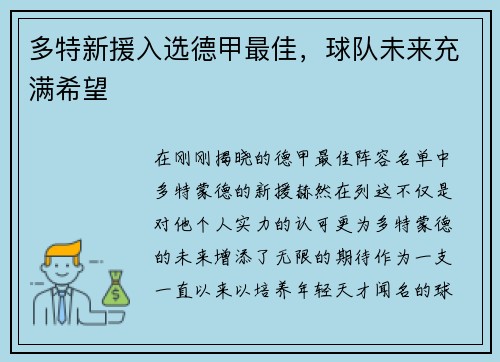 多特新援入选德甲最佳，球队未来充满希望