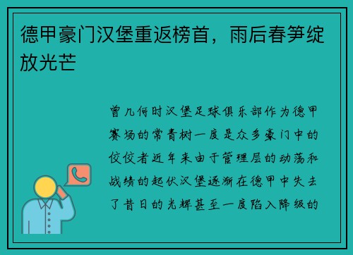 德甲豪门汉堡重返榜首，雨后春笋绽放光芒