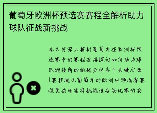 葡萄牙欧洲杯预选赛赛程全解析助力球队征战新挑战