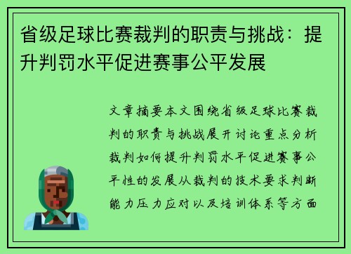 省级足球比赛裁判的职责与挑战：提升判罚水平促进赛事公平发展